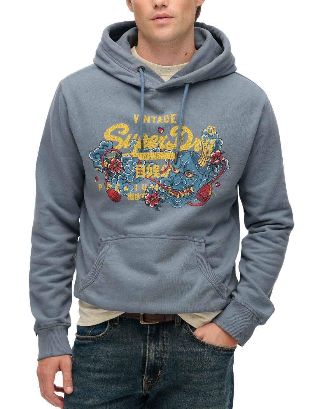 Sudadera Superdry Tokyo azul grisáceo con capucha de hombre