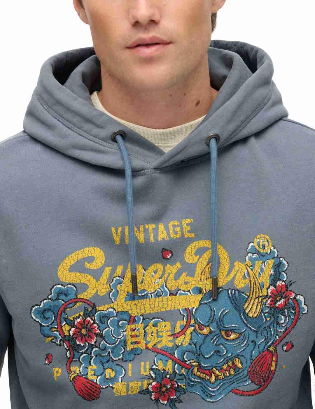 Sudadera Superdry Tokyo azul grisáceo con capucha de hombre