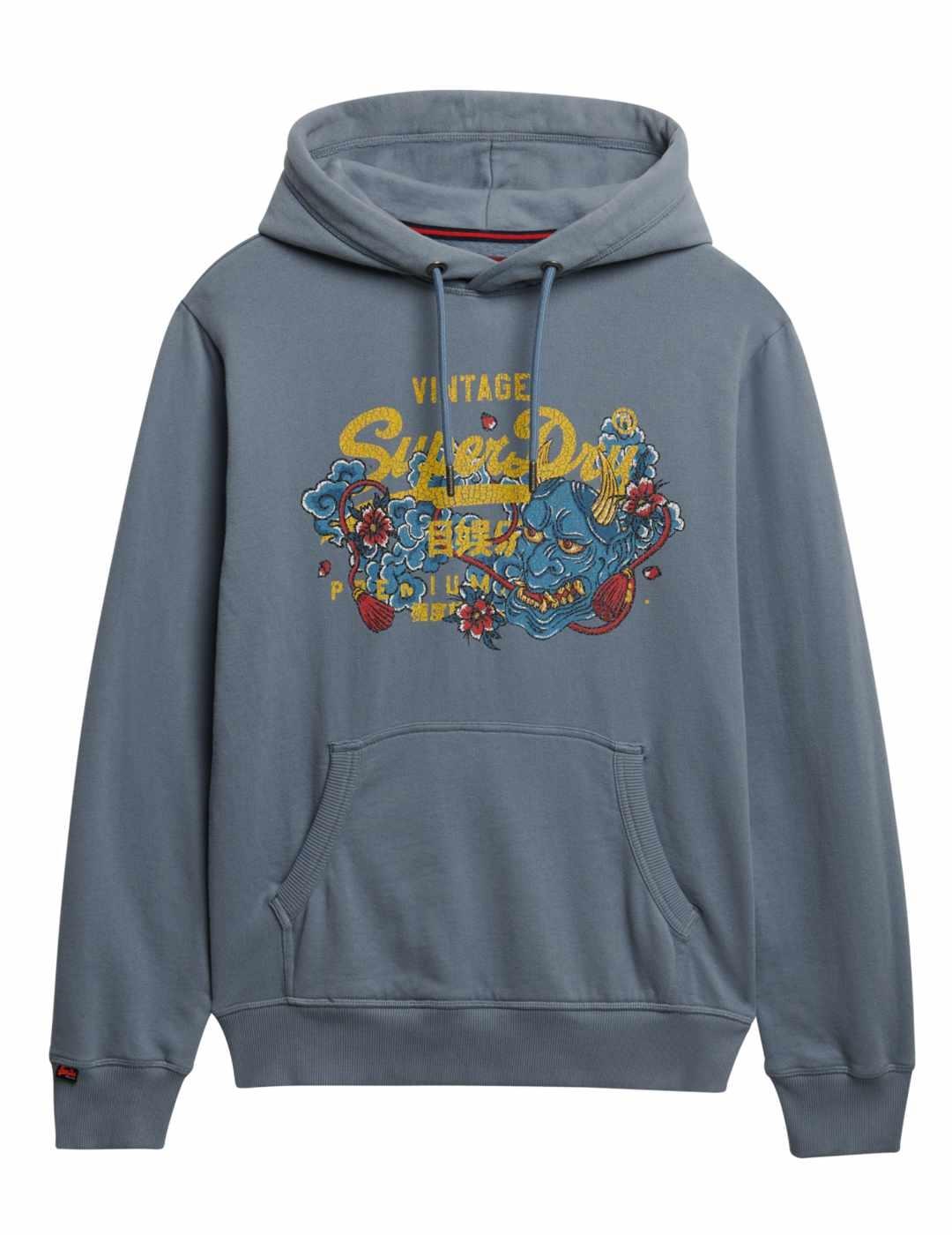 Sudadera Superdry Tokyo azul grisáceo con capucha de hombre