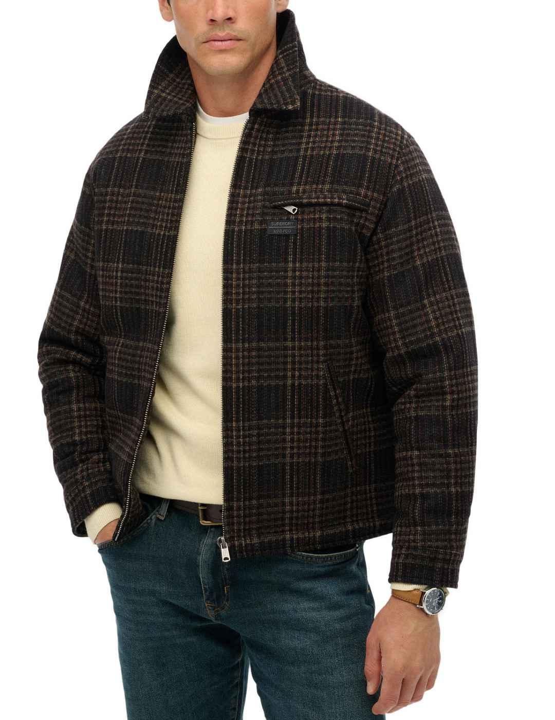 Chaqueta Superdry marrón cuadros con lana para hombre