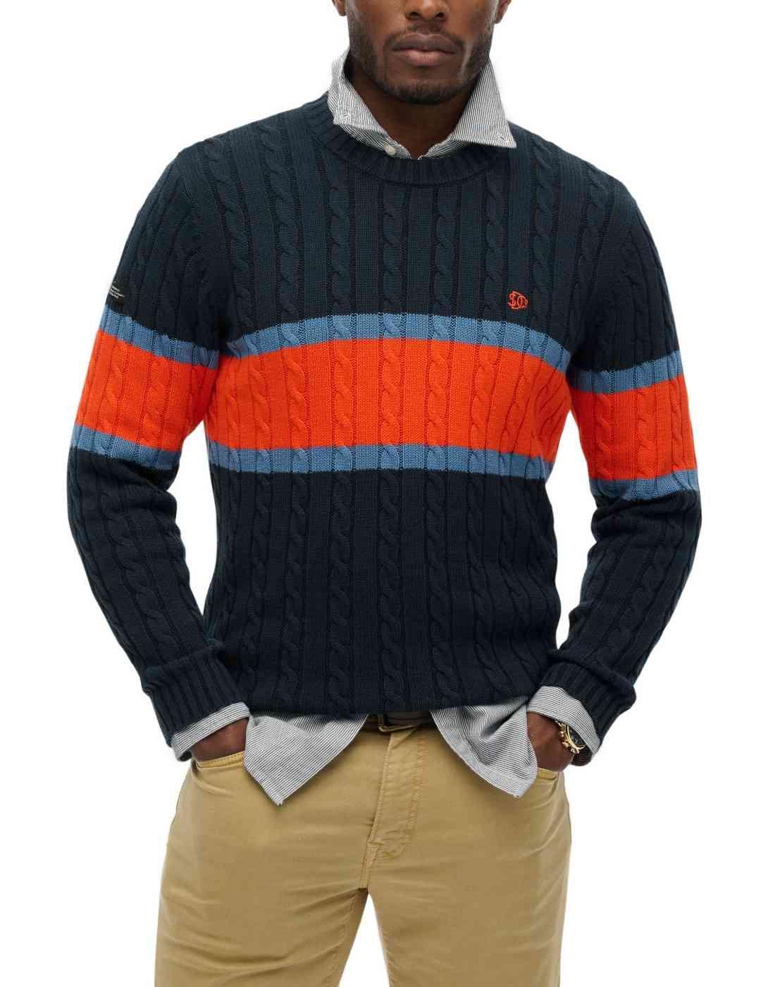 Jersey Superdry marino raya naranja punto trenzado de hombre