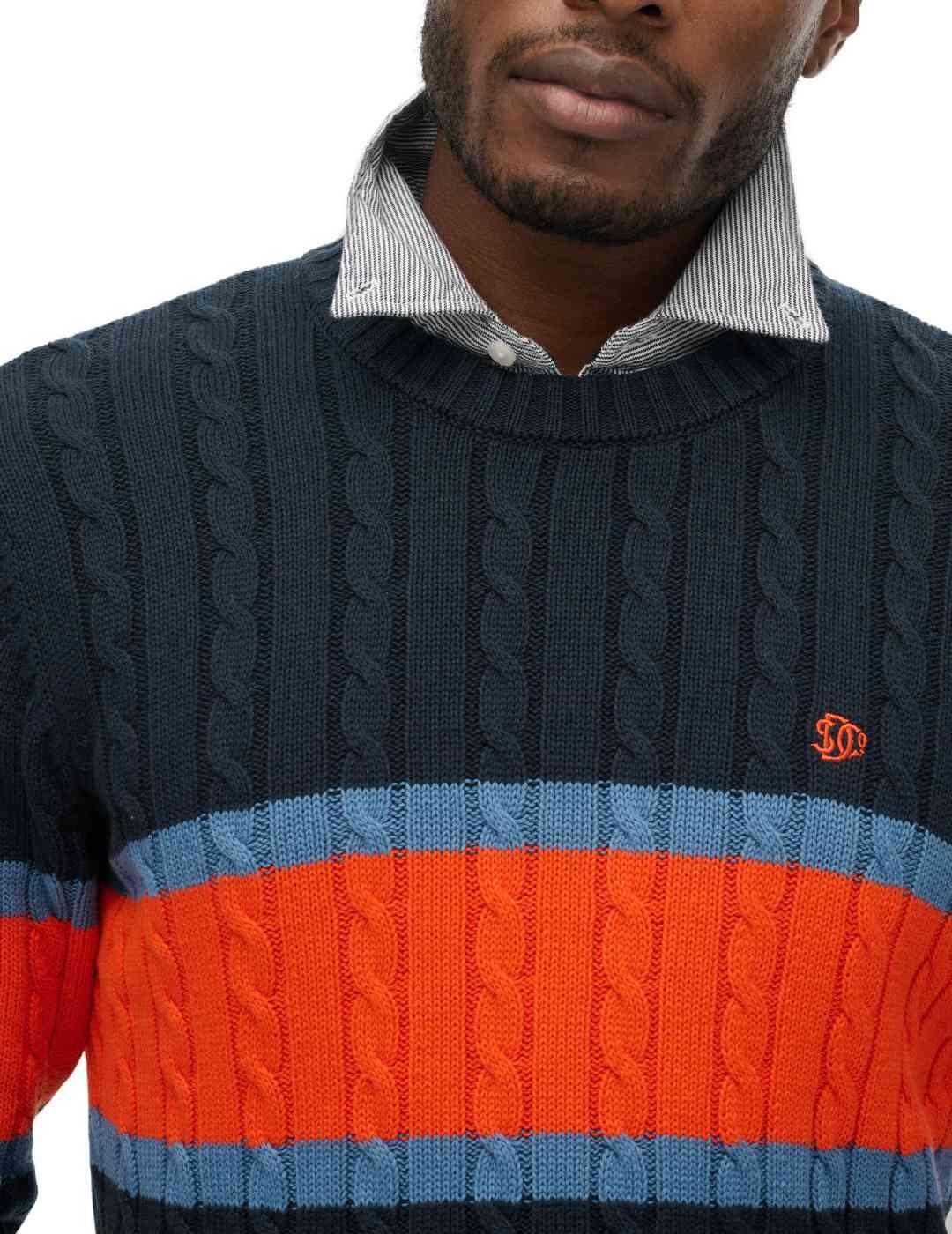 Jersey Superdry marino raya naranja punto trenzado de hombre