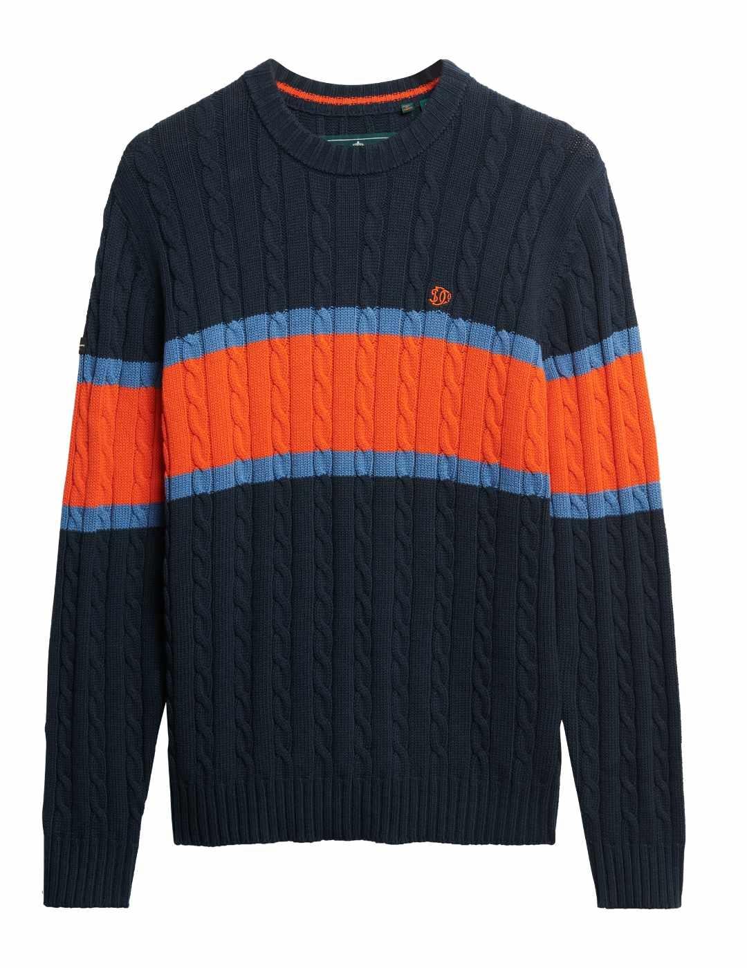 Jersey Superdry marino raya naranja punto trenzado de hombre
