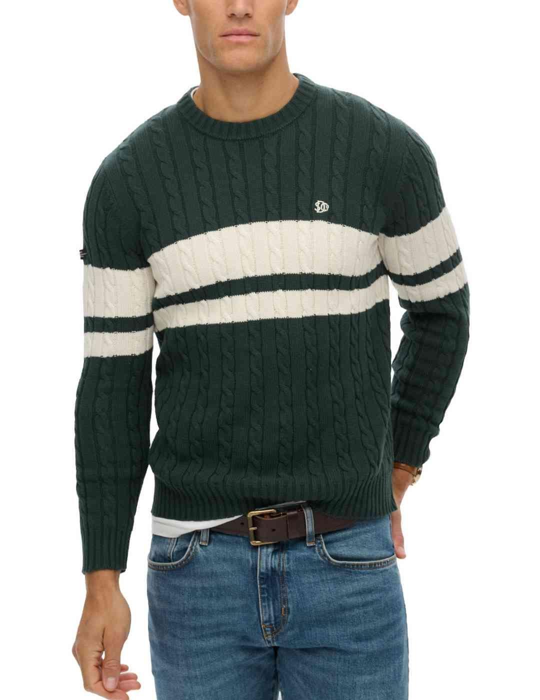 Jersey Superdry verde rayas punto trenzado para hombre