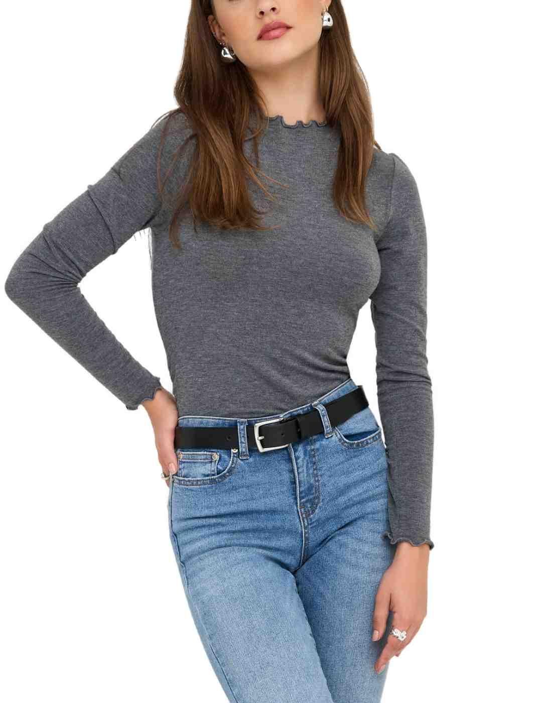 Camiseta básica Only Glamour gris cuello perkins para mujer