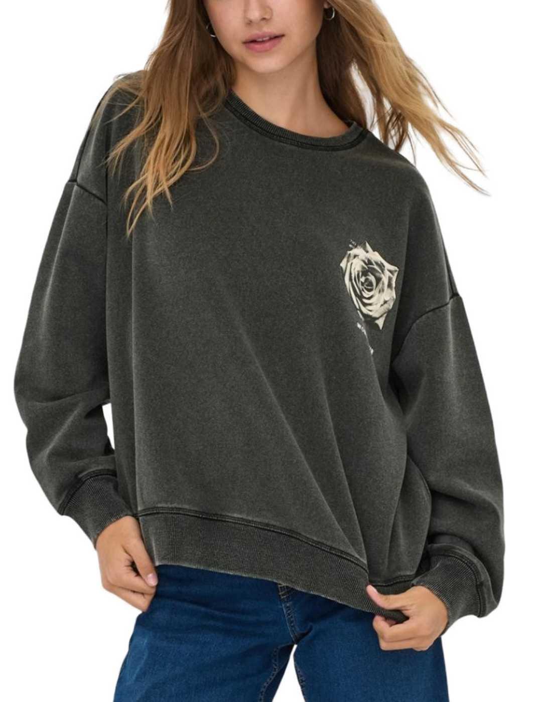 Sudadera Only Sinna negro dibujo flor manga larga de mujer
