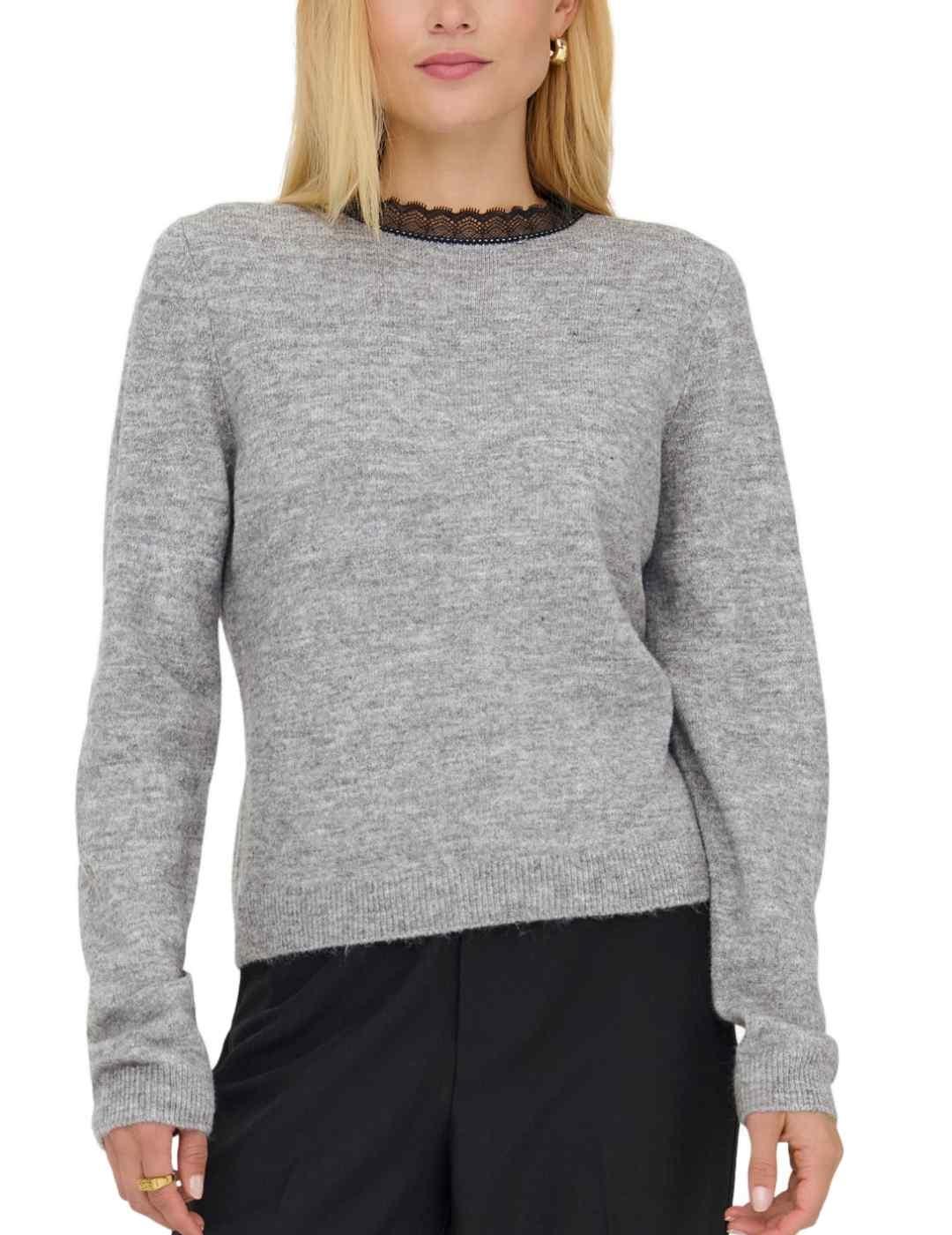 Jersey Only Tammy regular fit gris detalle encaje de mujer
