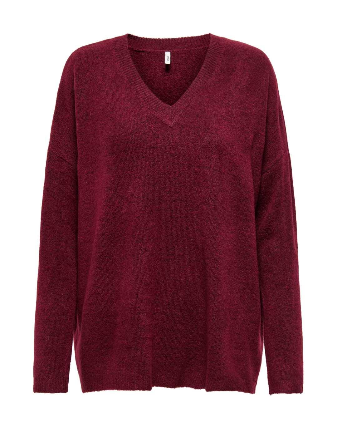 Jersey Only Talio granate punto largo cuello V de mujer