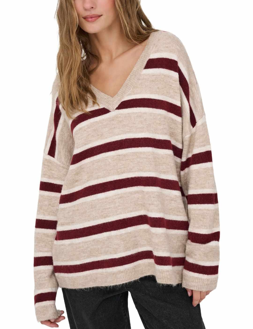 Jersey Only Talio granate beige rayas punto largo para mujer