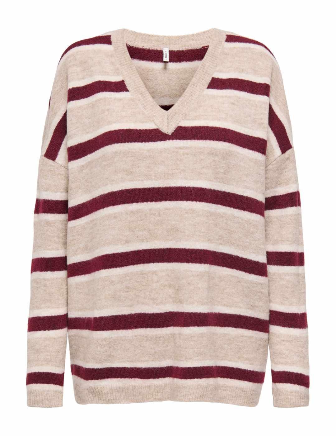 Jersey Only Talio granate beige rayas punto largo para mujer