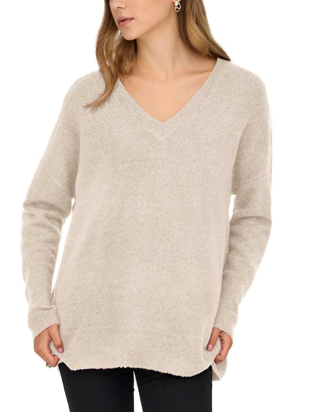 Jersey Only Talio beige punto largo cuello V de mujer