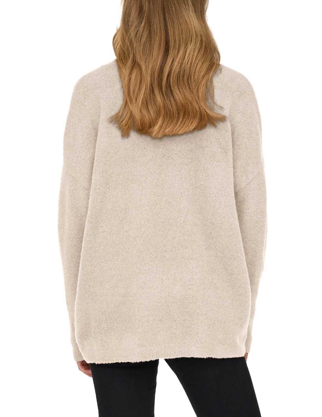 Jersey Only Talio beige punto largo cuello V de mujer