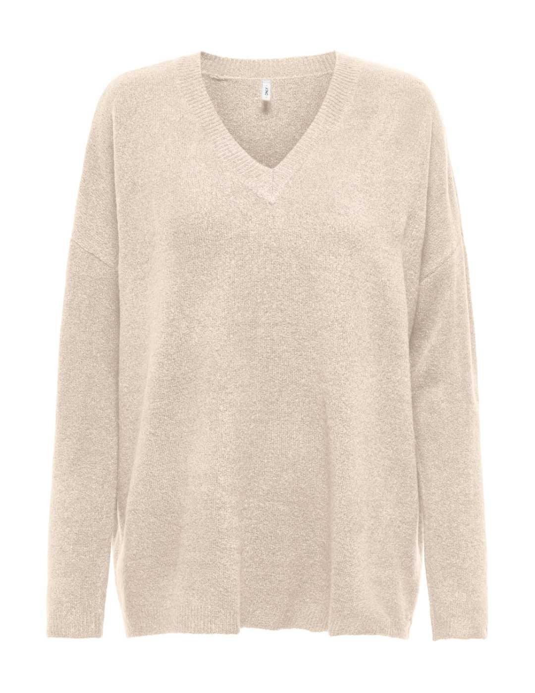 Jersey Only Talio beige punto largo cuello V de mujer