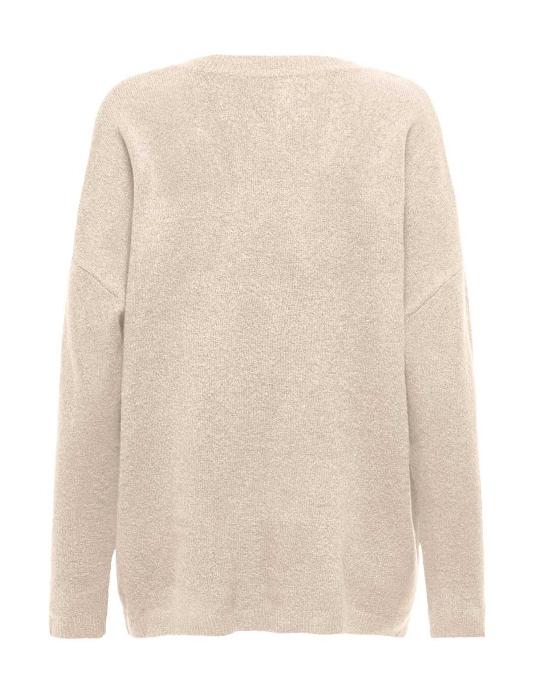 Jersey Only Talio beige punto largo cuello V de mujer