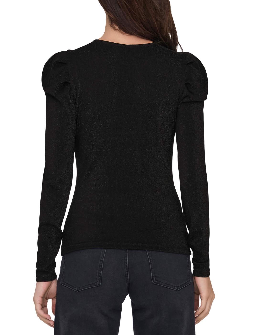 Camiseta Only Rich negro brillante manga abullonada de mujer