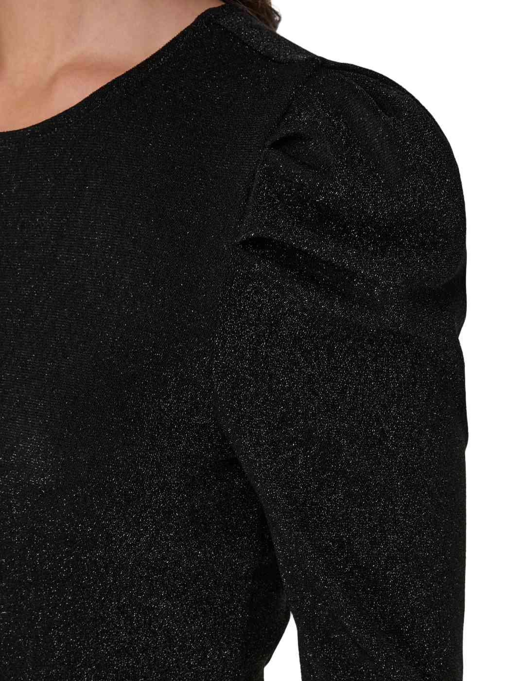 Camiseta Only Rich negro brillante manga abullonada de mujer