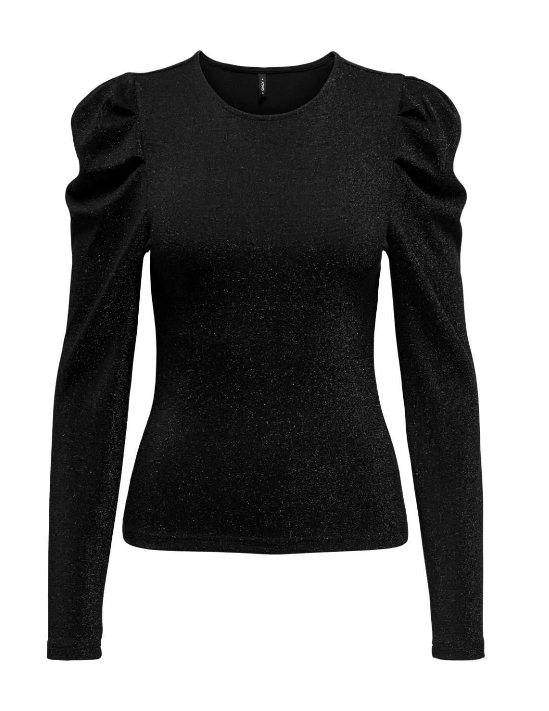 Camiseta Only Rich negro brillante manga abullonada de mujer