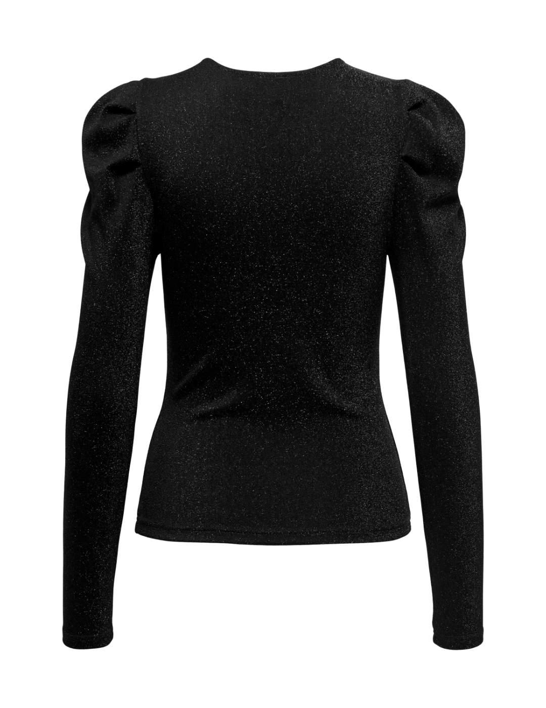 Camiseta Only Rich negro brillante manga abullonada de mujer
