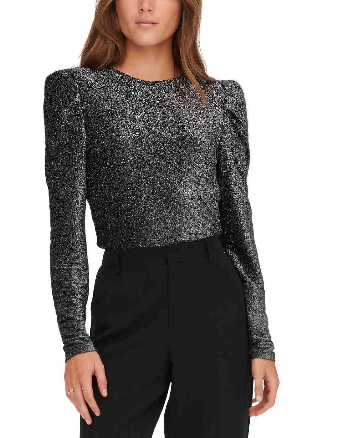 Camiseta Only Rich gris brillante manga abullonada de mujer