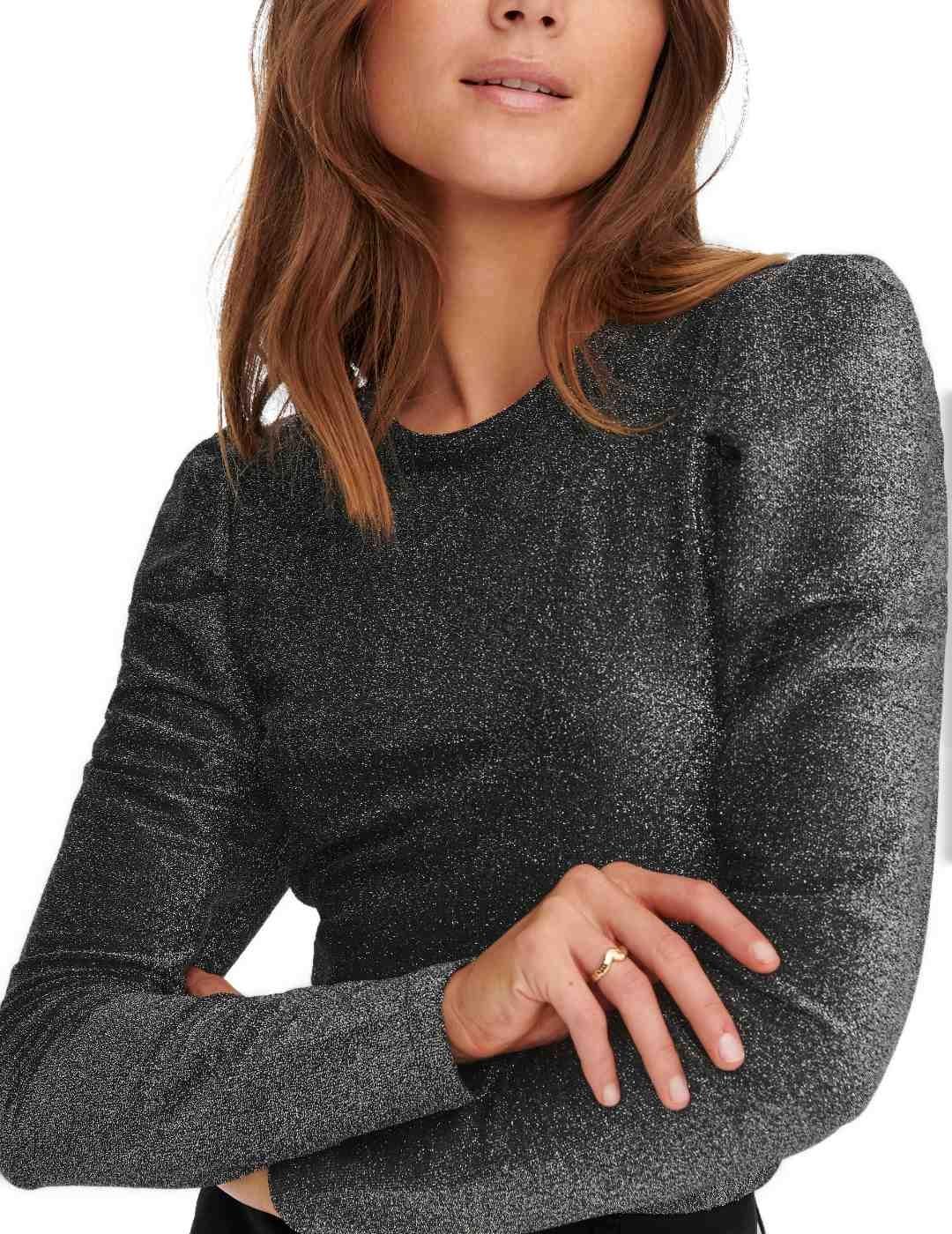Camiseta Only Rich gris brillante manga abullonada de mujer