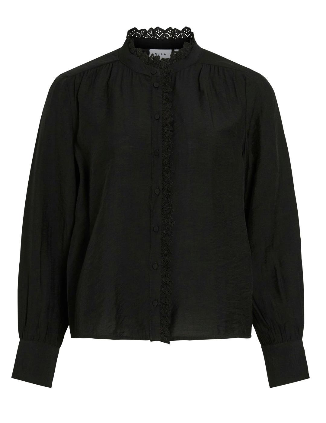Camisa Vila Malima negra cuello alto encaje para mujer