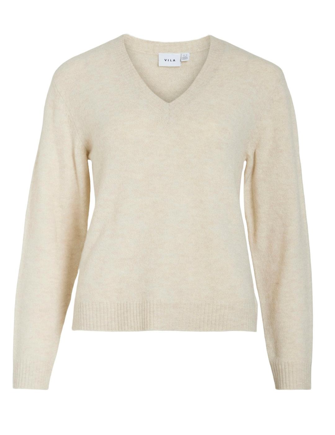 Jersey Vila Miraz beige punto cuello pico para mujer