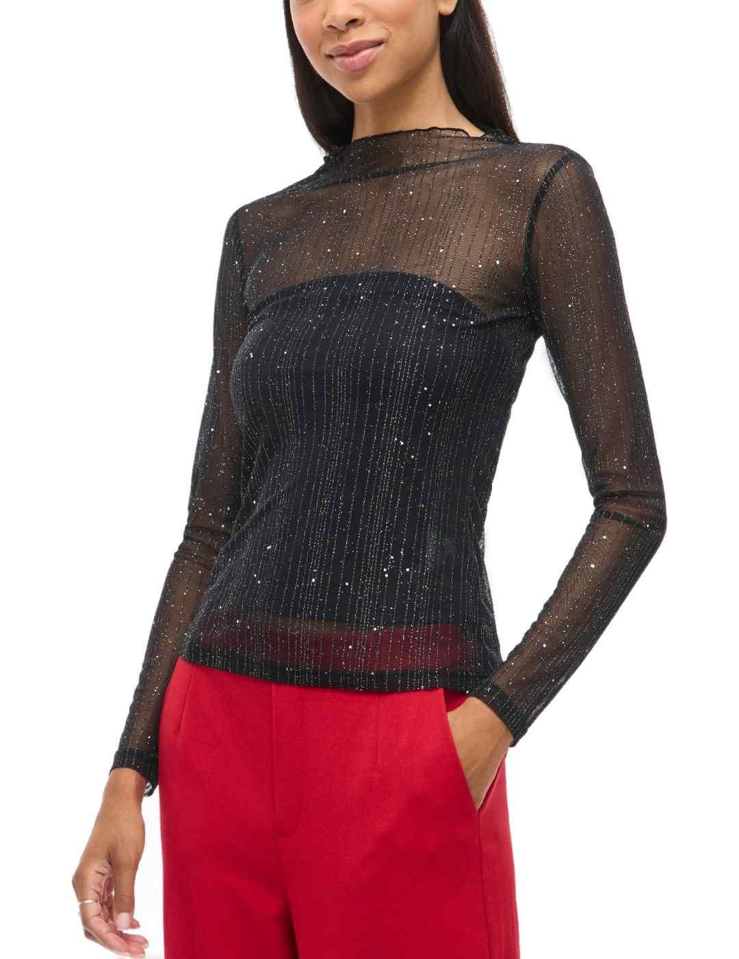 Camiseta Vila Turno negro con brillo manga larga de mujer