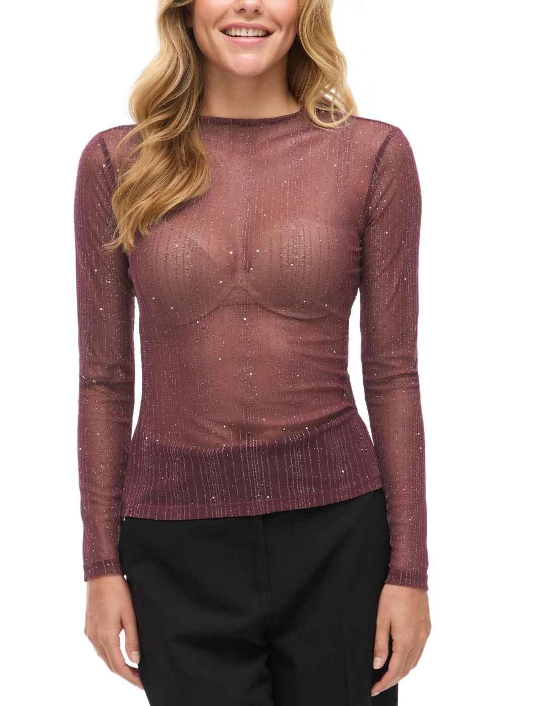 Camiseta Vila Turno granate con brillo manga larga de mujer