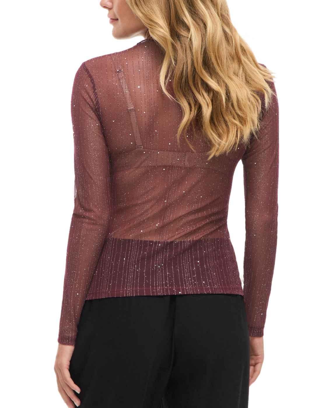 Camiseta Vila Turno granate con brillo manga larga de mujer