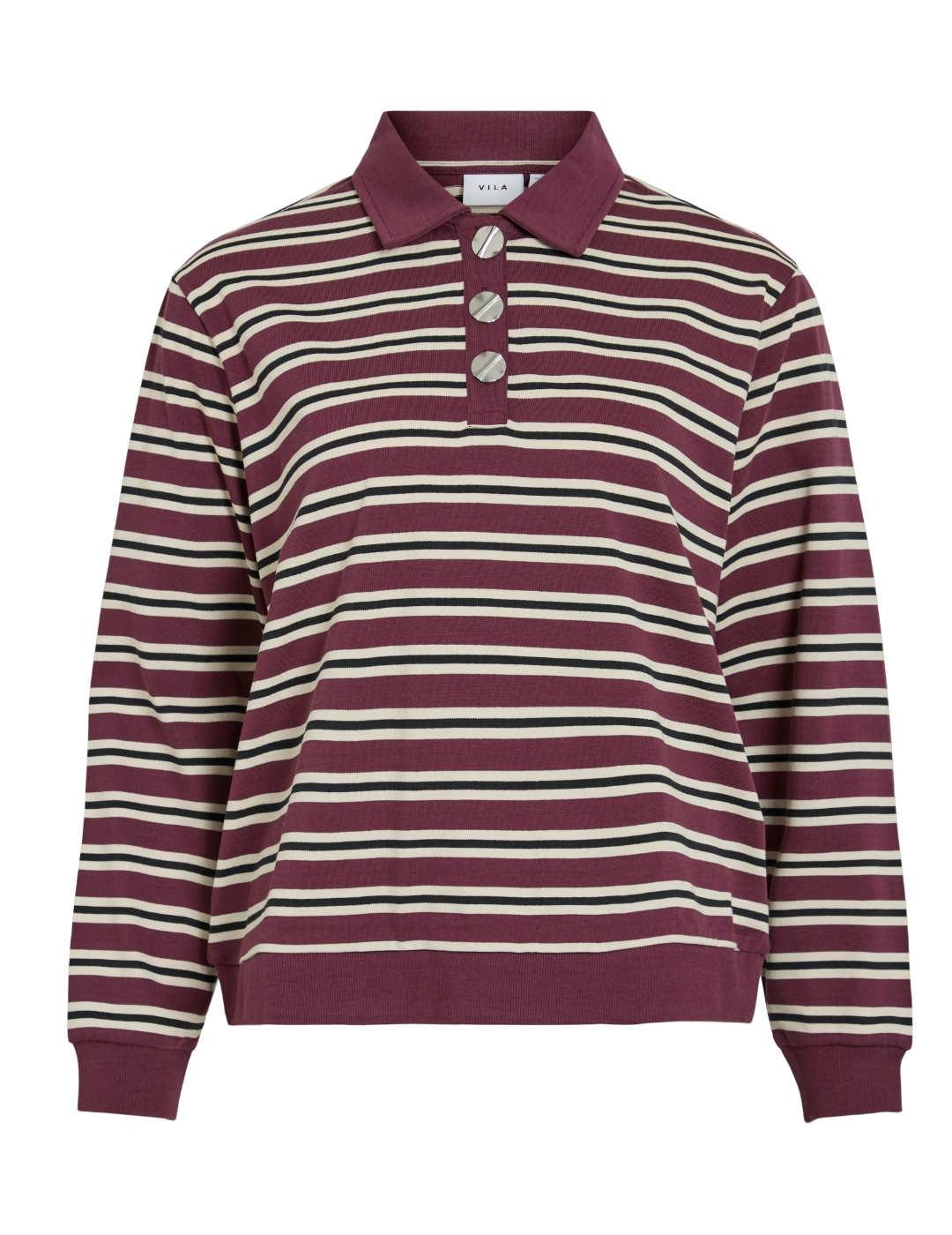 Jersey Vila Sina tipo polo rayas granate y beige para mujer