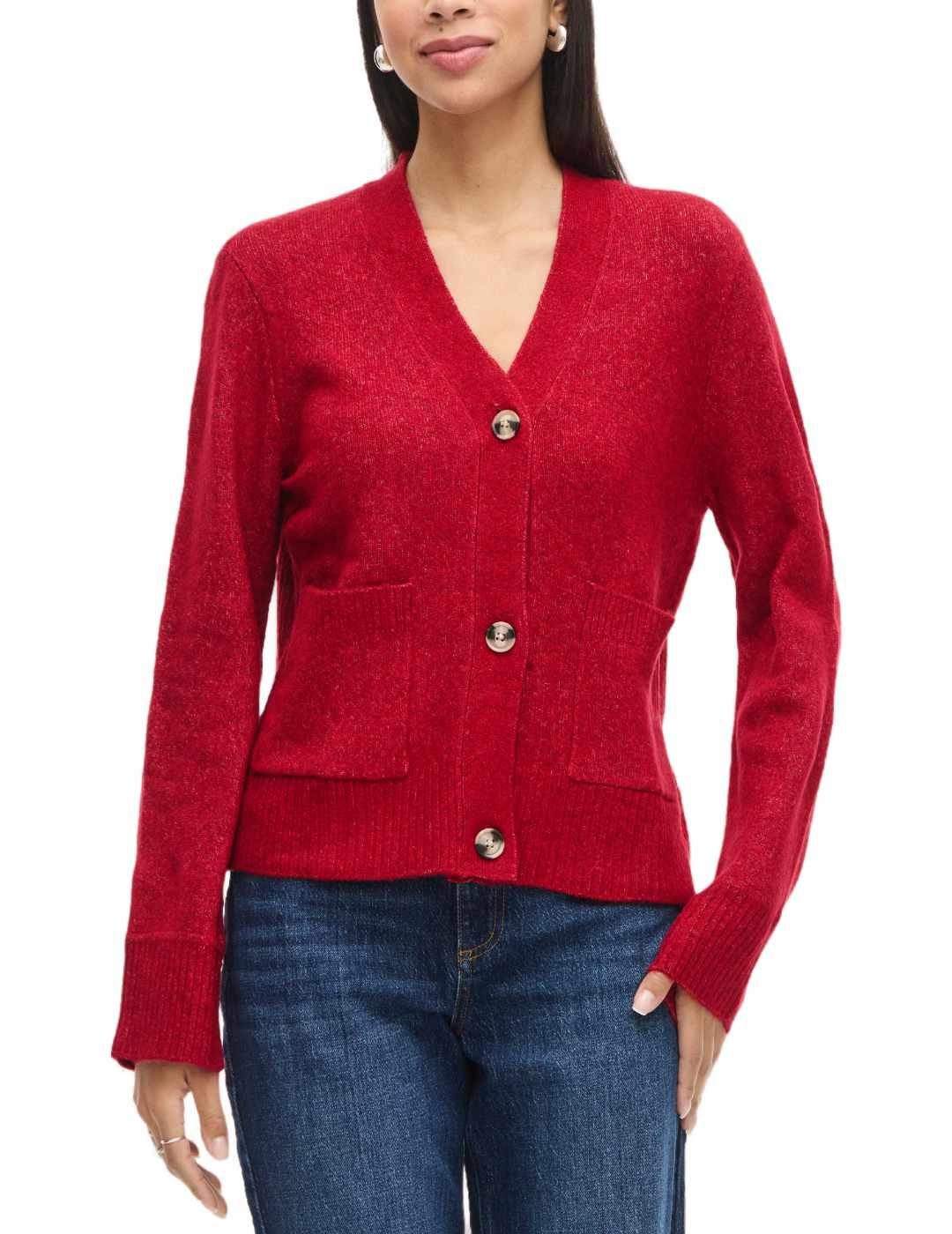 Cárdigan Vila Miraz rojo punto cuello pico de mujer