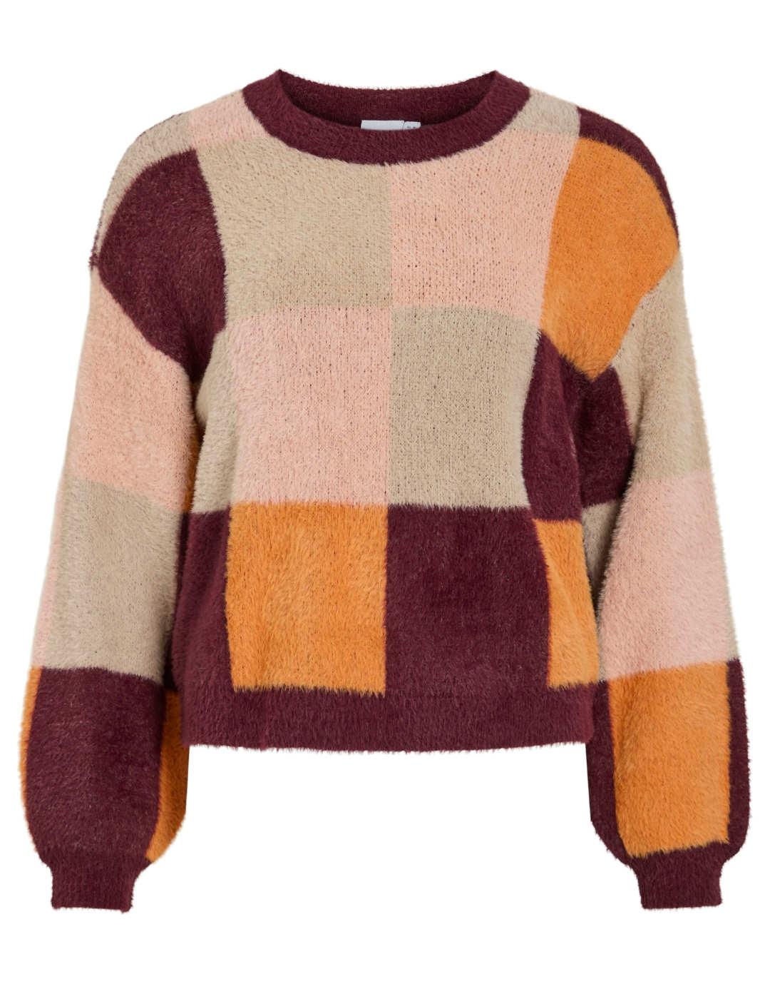 Jersey Vila Hallo beige granate cuadros para mujer