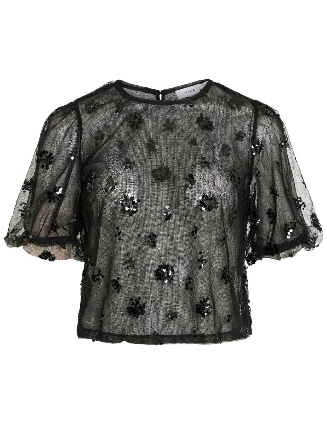 Camiseta Vila Ada negro transparencias manga corta de mujer