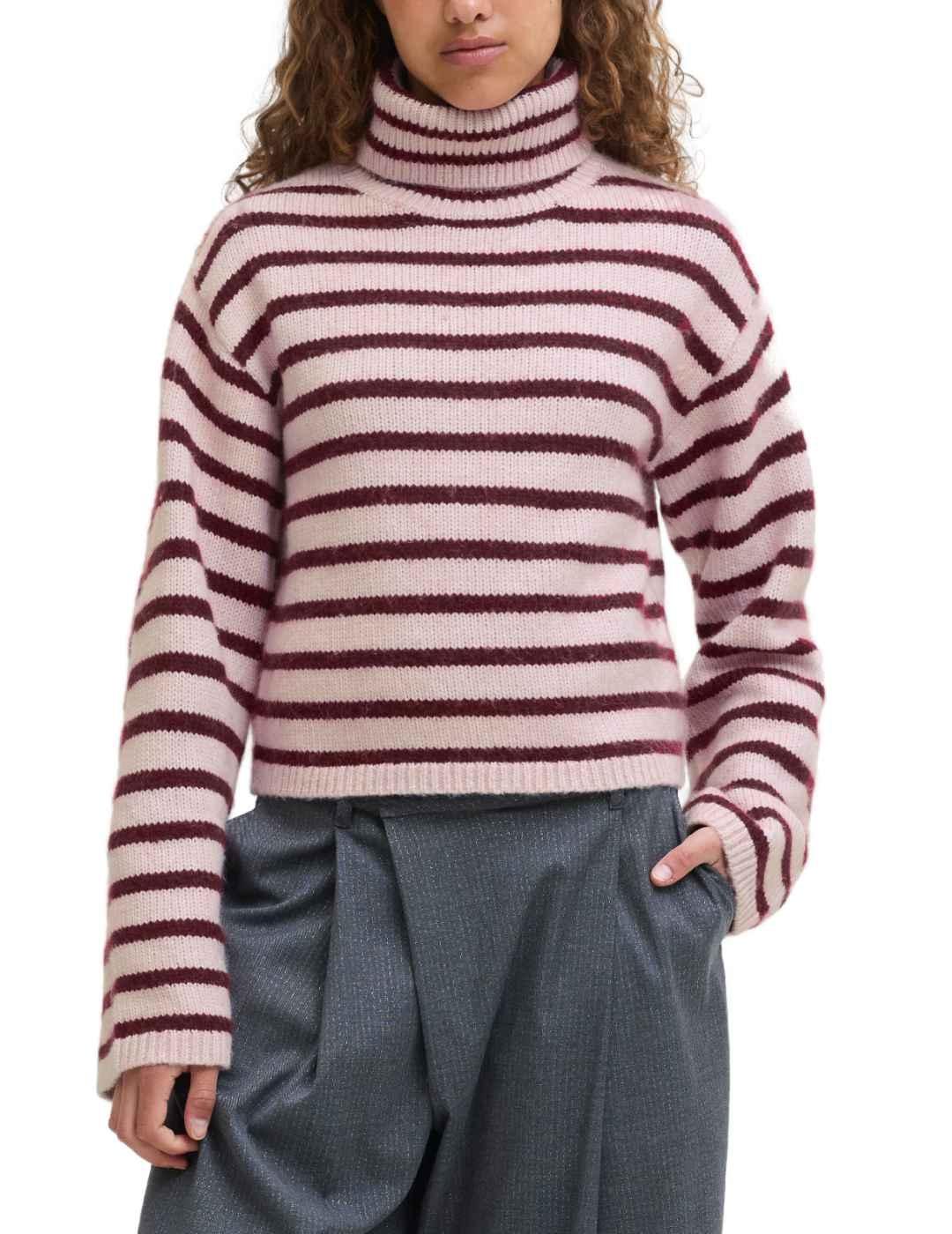 Jersey JJXX Rosanna granate rosa rayas cuello alto de mujer