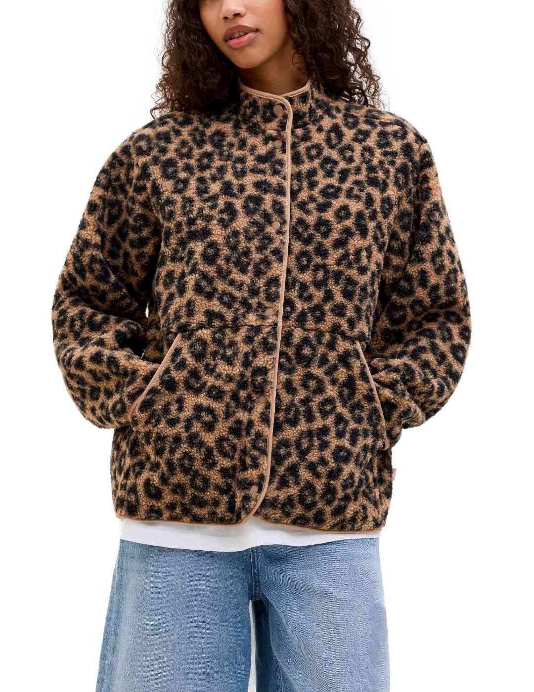 Chaqueta JJXX Vera leopardo marrón y negra polar de mujer