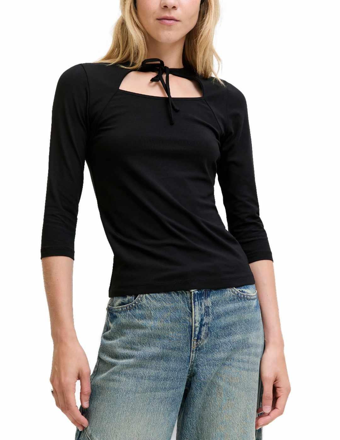 Camiseta JJXX Gigi negro manga larga escote lazo de mujer