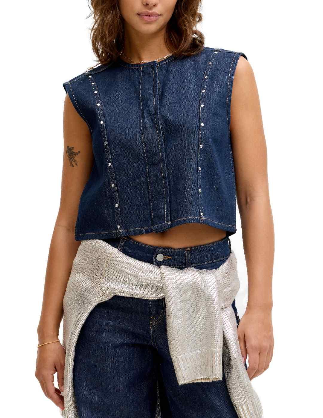 Blusa JJXX Mae manga sisa tachuelas vaquera azul de mujer