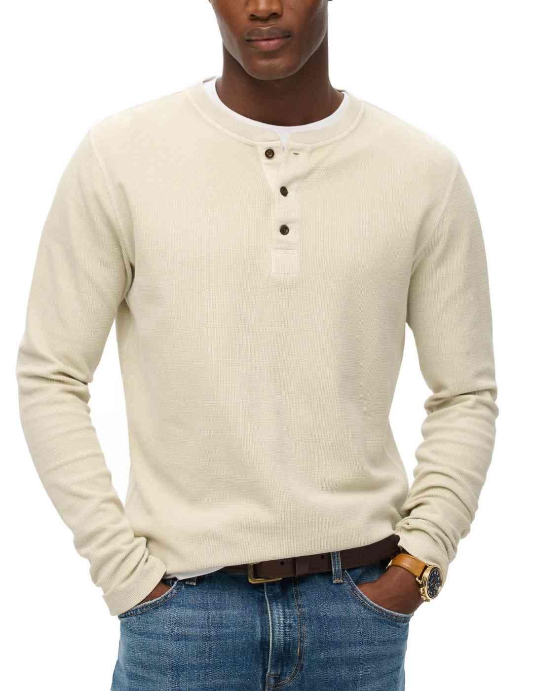 Jersey Superdry beige cuello henley abotonado para hombre