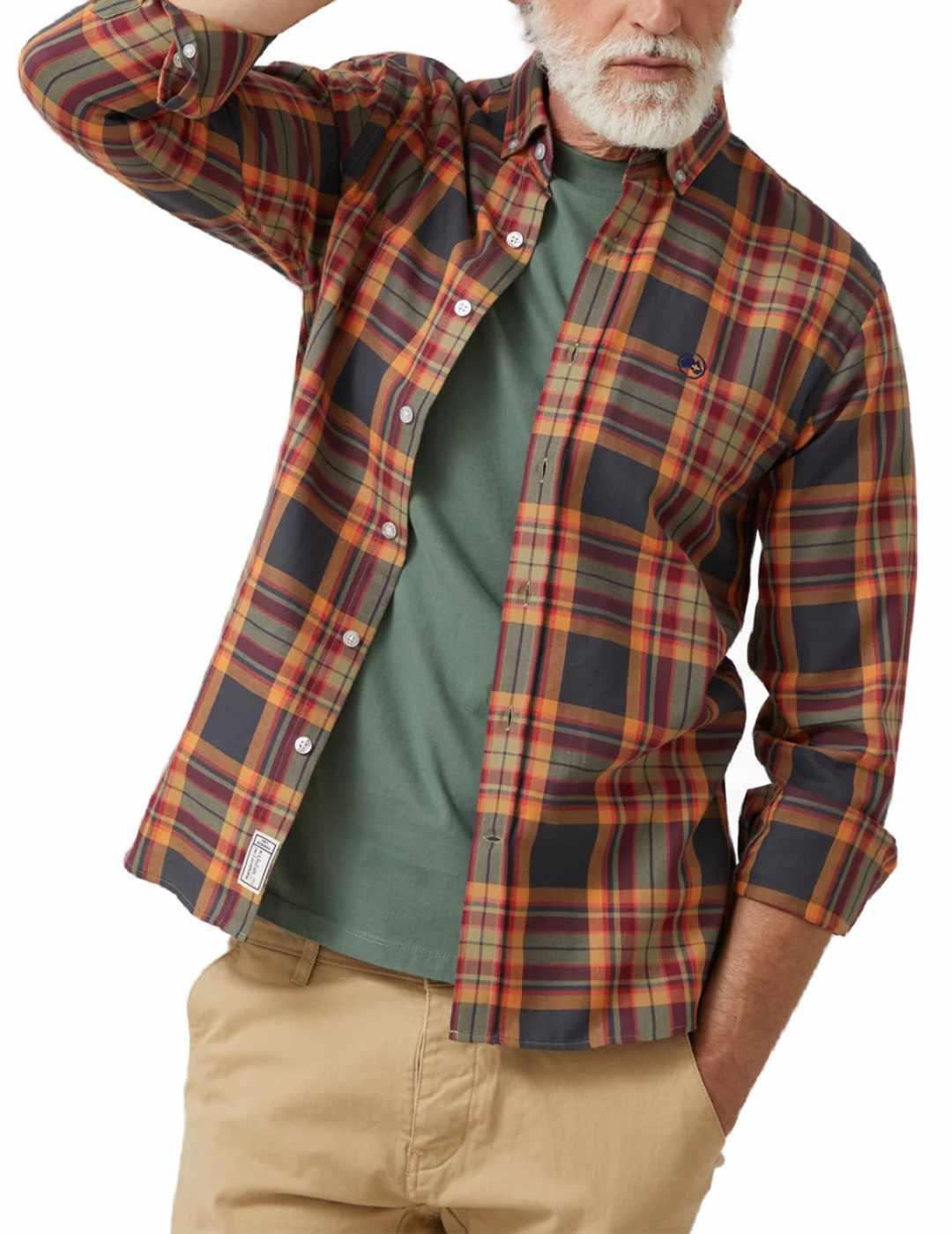 Camisa Altonadock naranja rojo y gris de cuadros para hombre