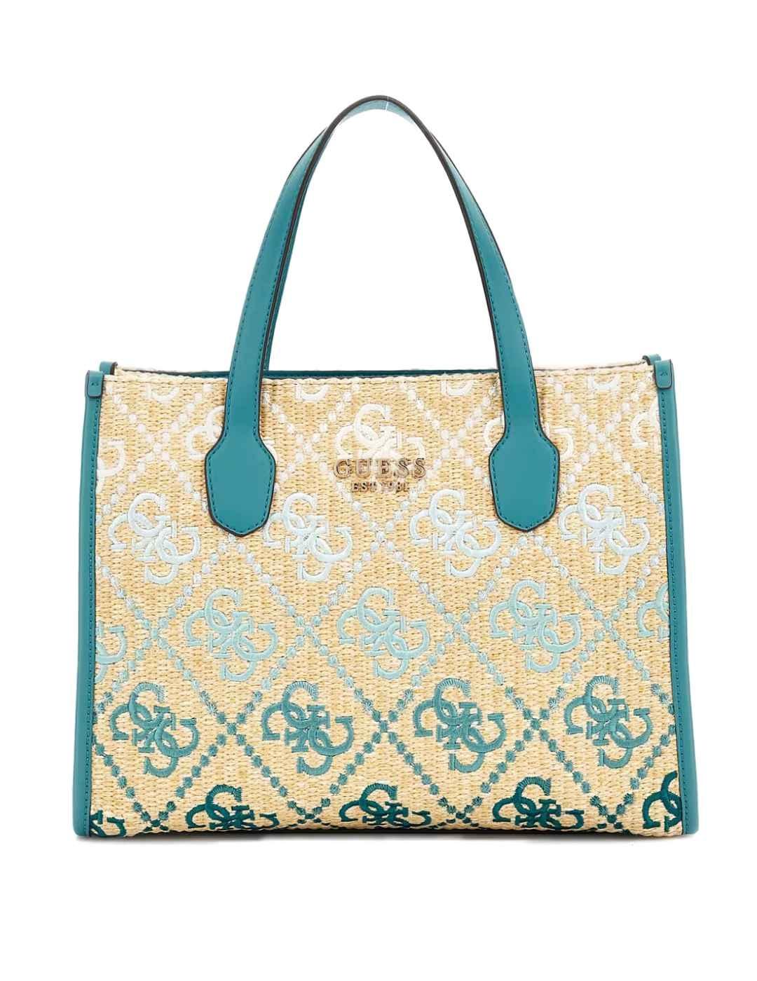 Bolso tote Guess Silvana turquesa logotipo para mujer