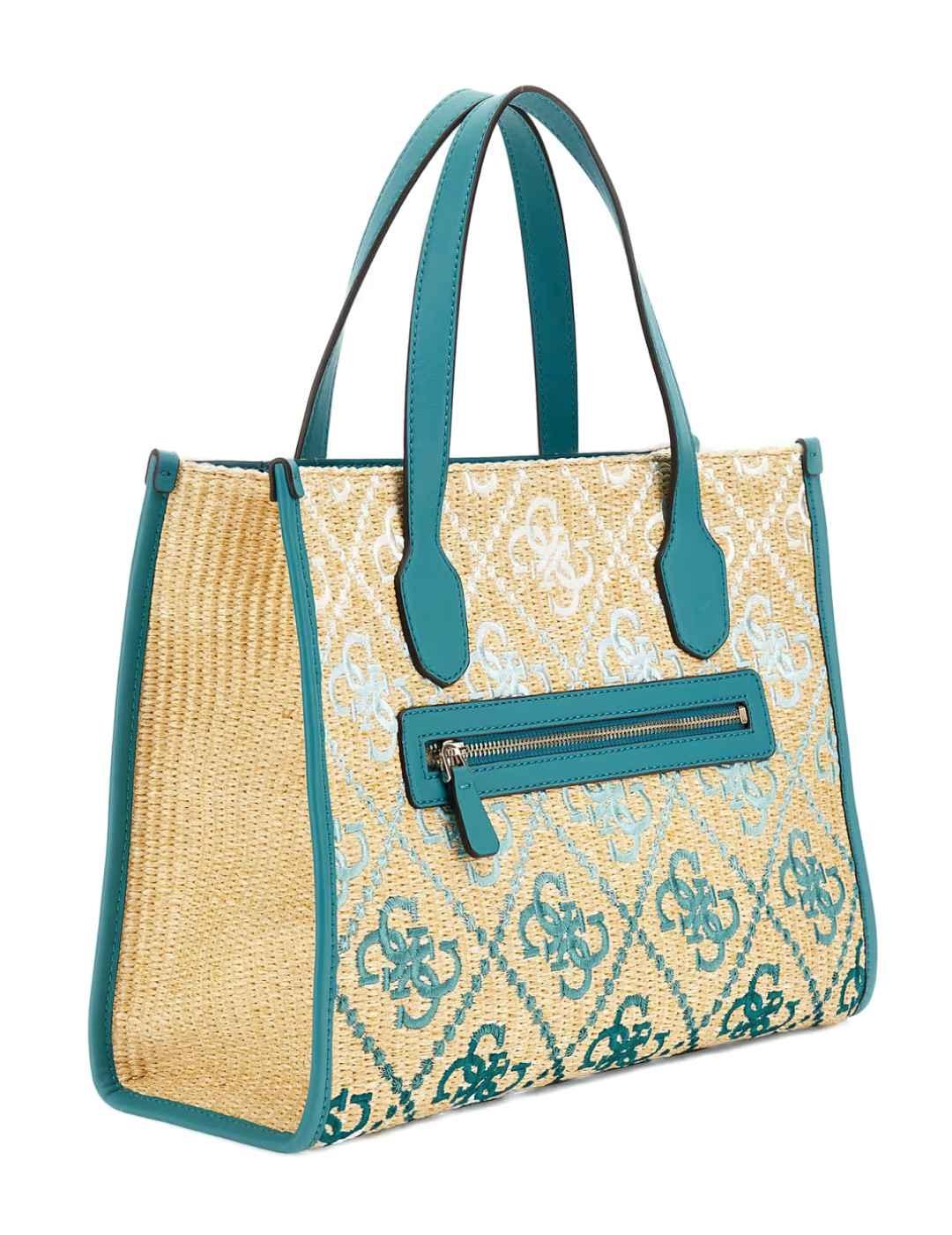 Bolso tote Guess Silvana turquesa logotipo para mujer