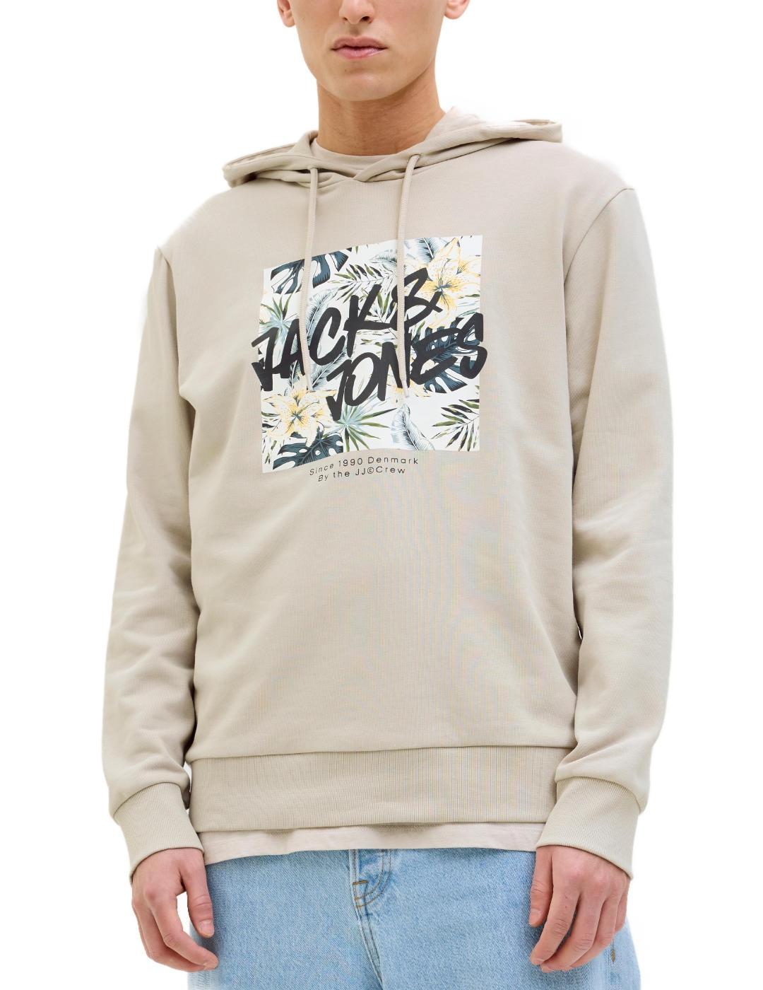 Sudadera Jack&Jones Hawaii beige con capucha para hombre