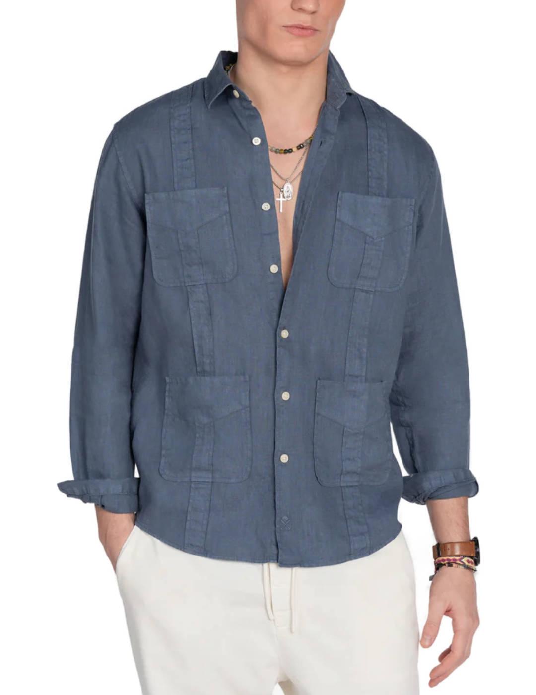 Camisa Harper & Neyer Guayabera azul de lino para hombre
