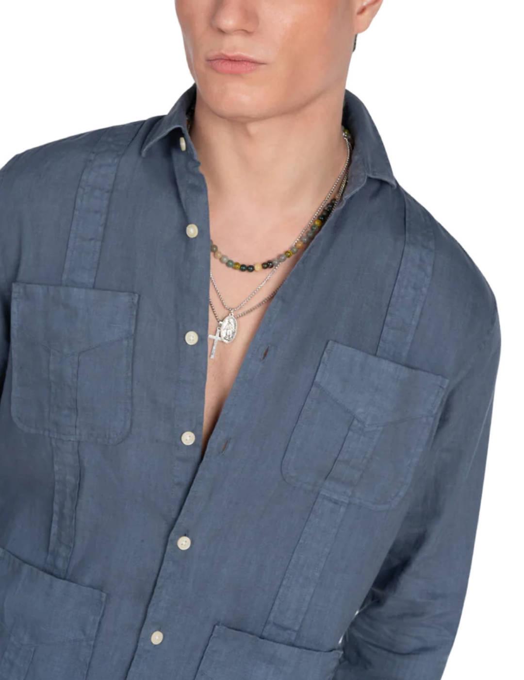 Camisa Harper & Neyer Guayabera azul de lino para hombre