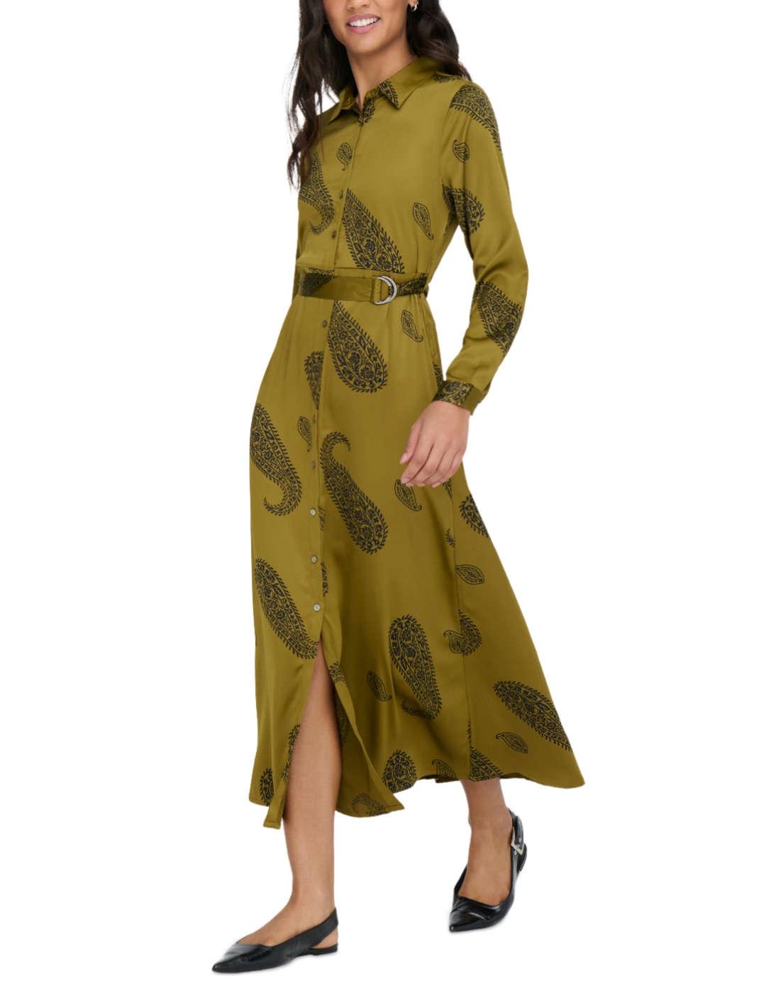 Vestido Only Jane verde y negro camisero y satinado de mujer