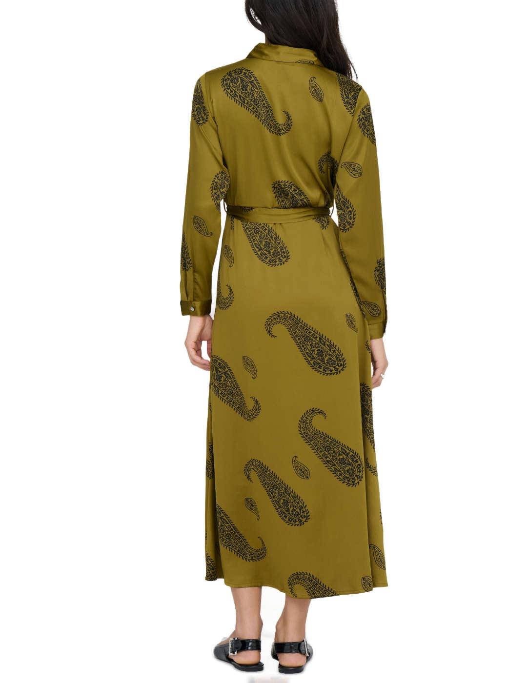 Vestido Only Jane verde y negro camisero y satinado de mujer