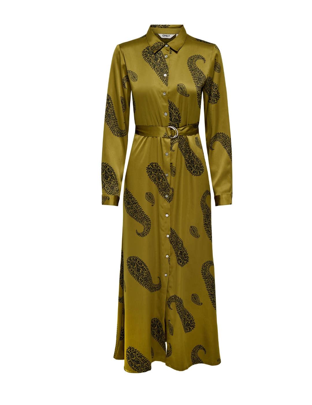 Vestido Only Jane verde y negro camisero y satinado de mujer