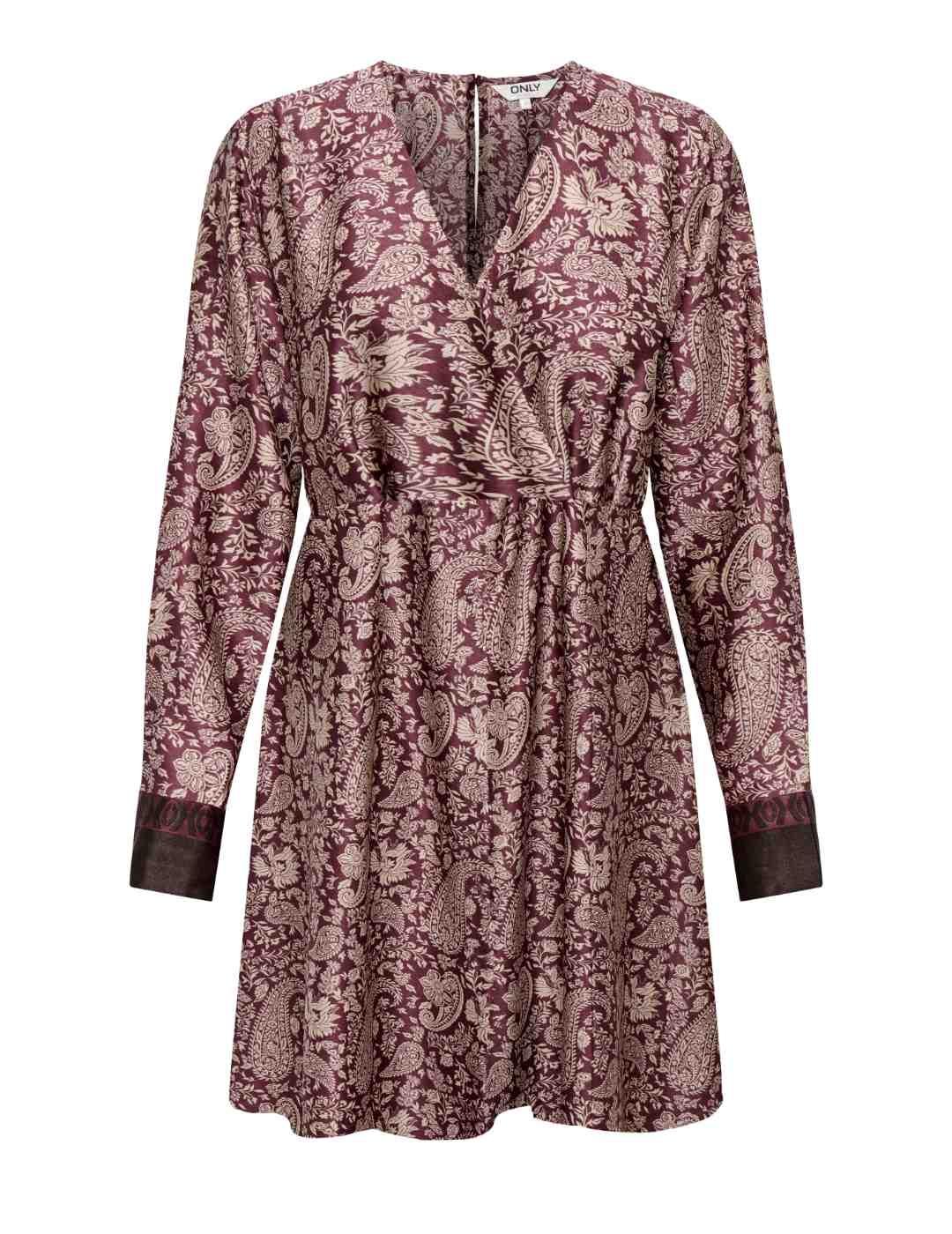 Vestido Only Jane burdeos y beige estampado para mujer