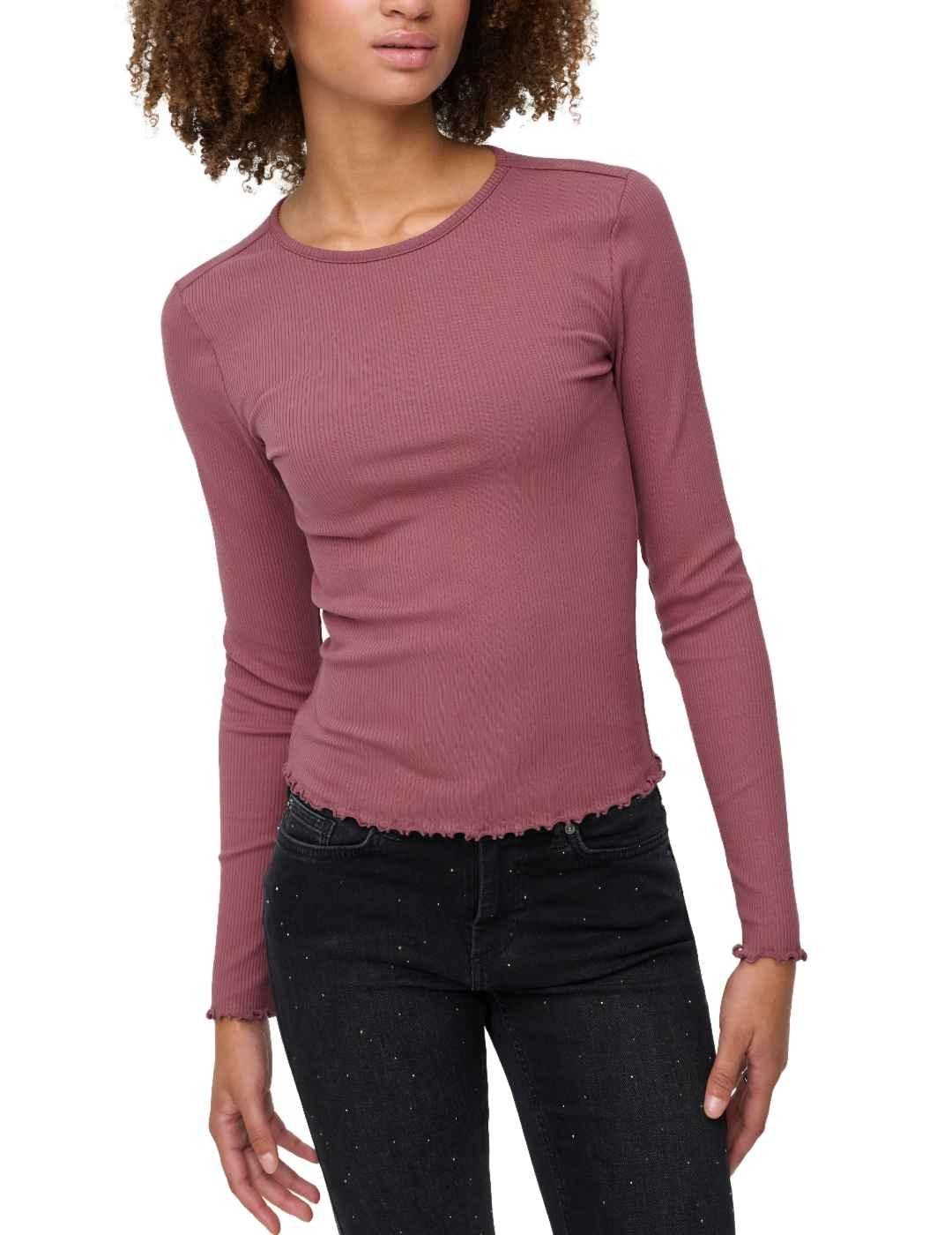 Camiseta Only Lina rosa canalé manga larga de mujer