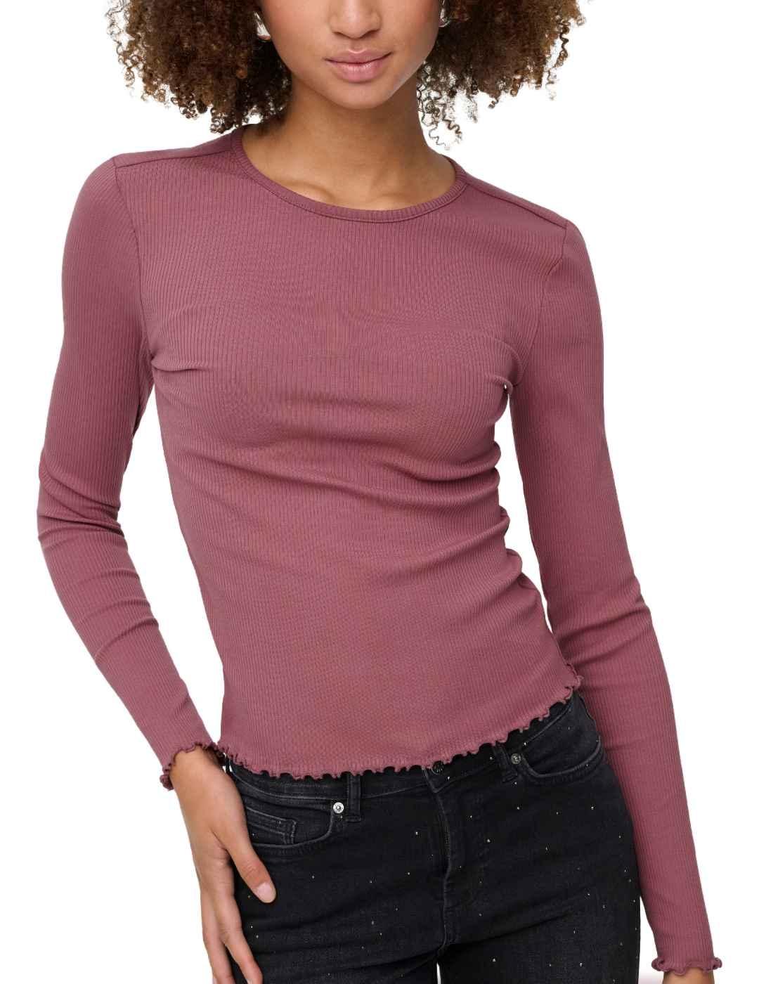 Camiseta Only Lina rosa canalé manga larga de mujer